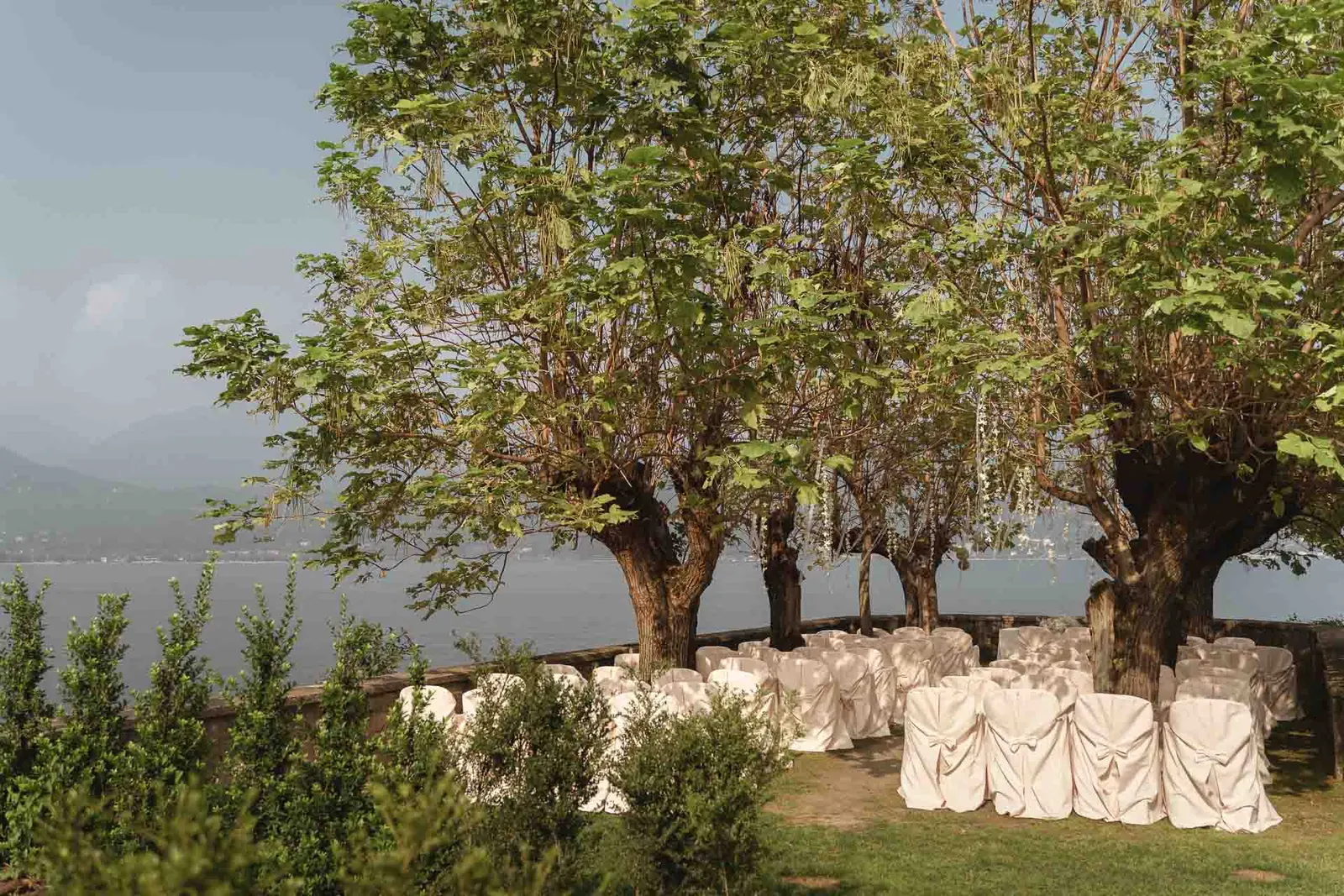 Gli alberi e le sedie bianche sul prato in riva al lago