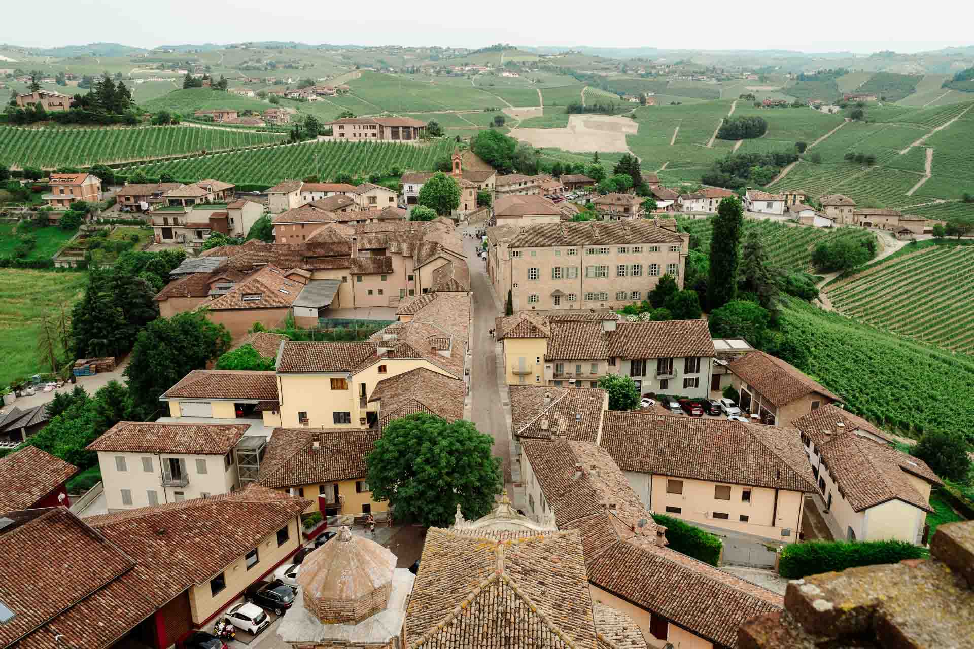 Barbaresco dall'alto della torre: i tetti del paese e le colline di vigne