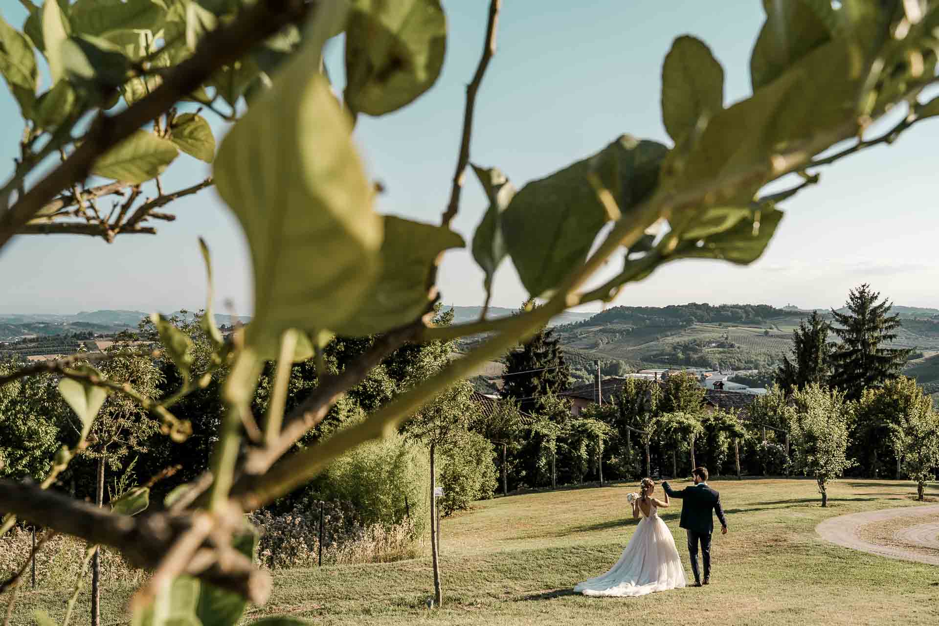 Gli sposi camminano nel prato, visti tra le foglie di un albero