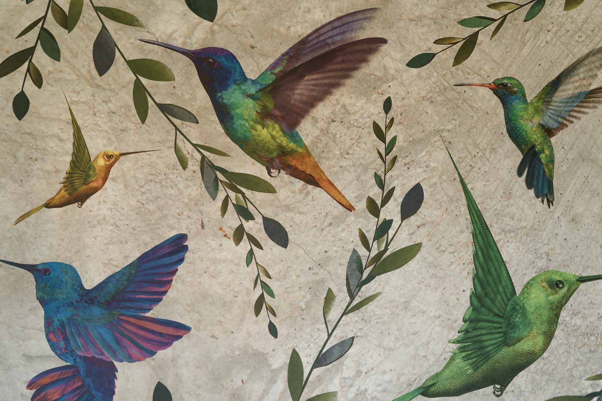 Un muro dipinto con colibrì colorati e rami d'ulivo