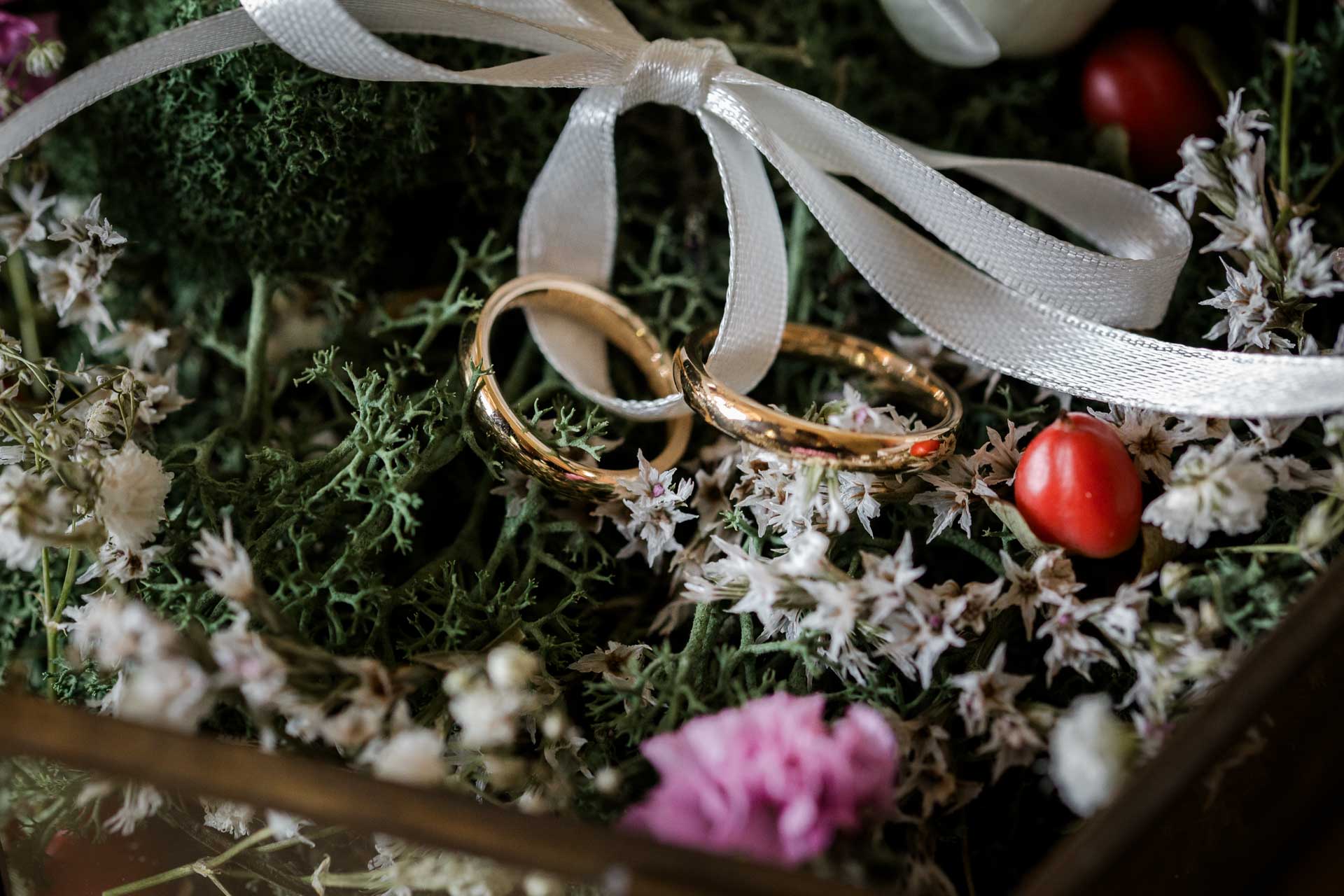 Le fedi d'oro tra il muschio e i fiori di campo, con un nastro bianco