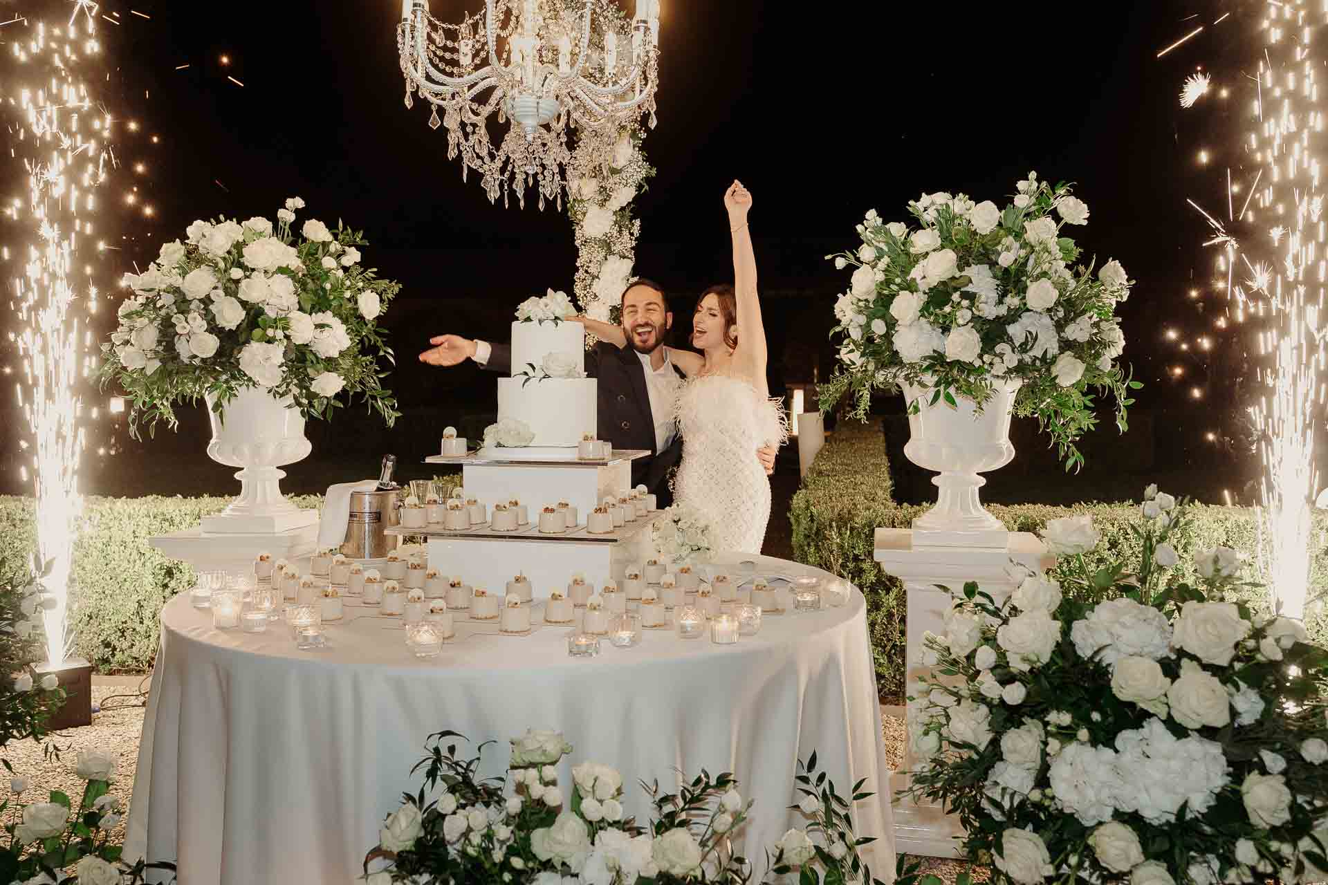 Gli sposi alla torta tra le fontane luminose