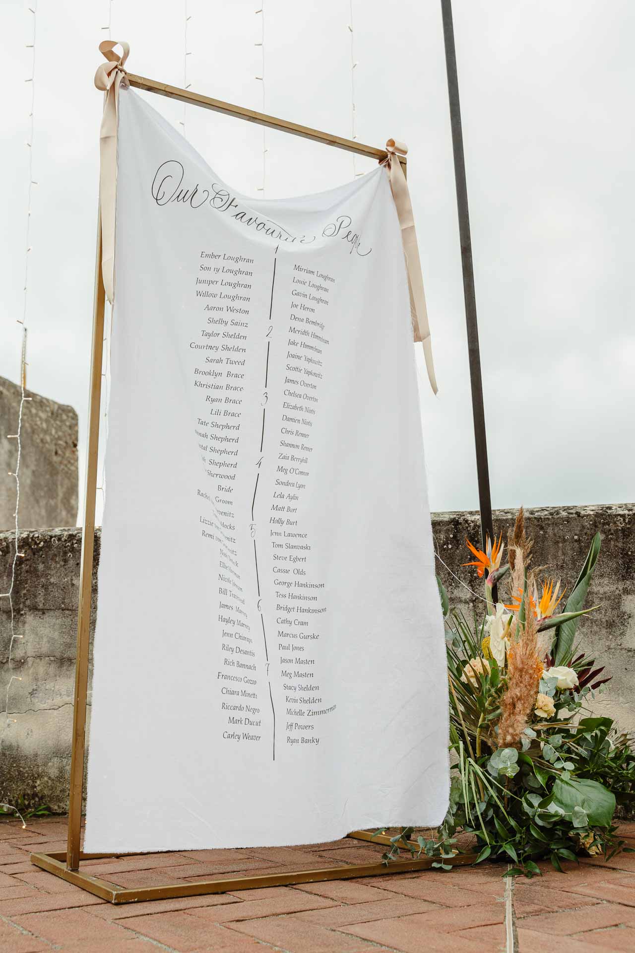 Il tableau di stoffa appeso sulla terrazza, con una composizione di fiori