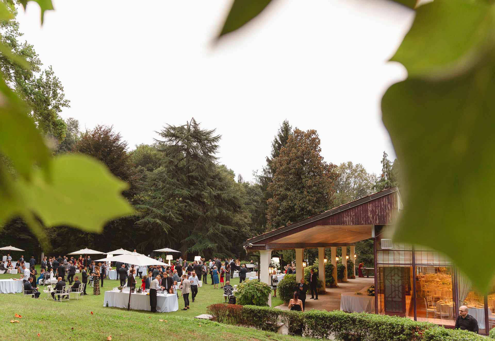 Gli invitati all'aperitivo nel parco, visti tra le foglie