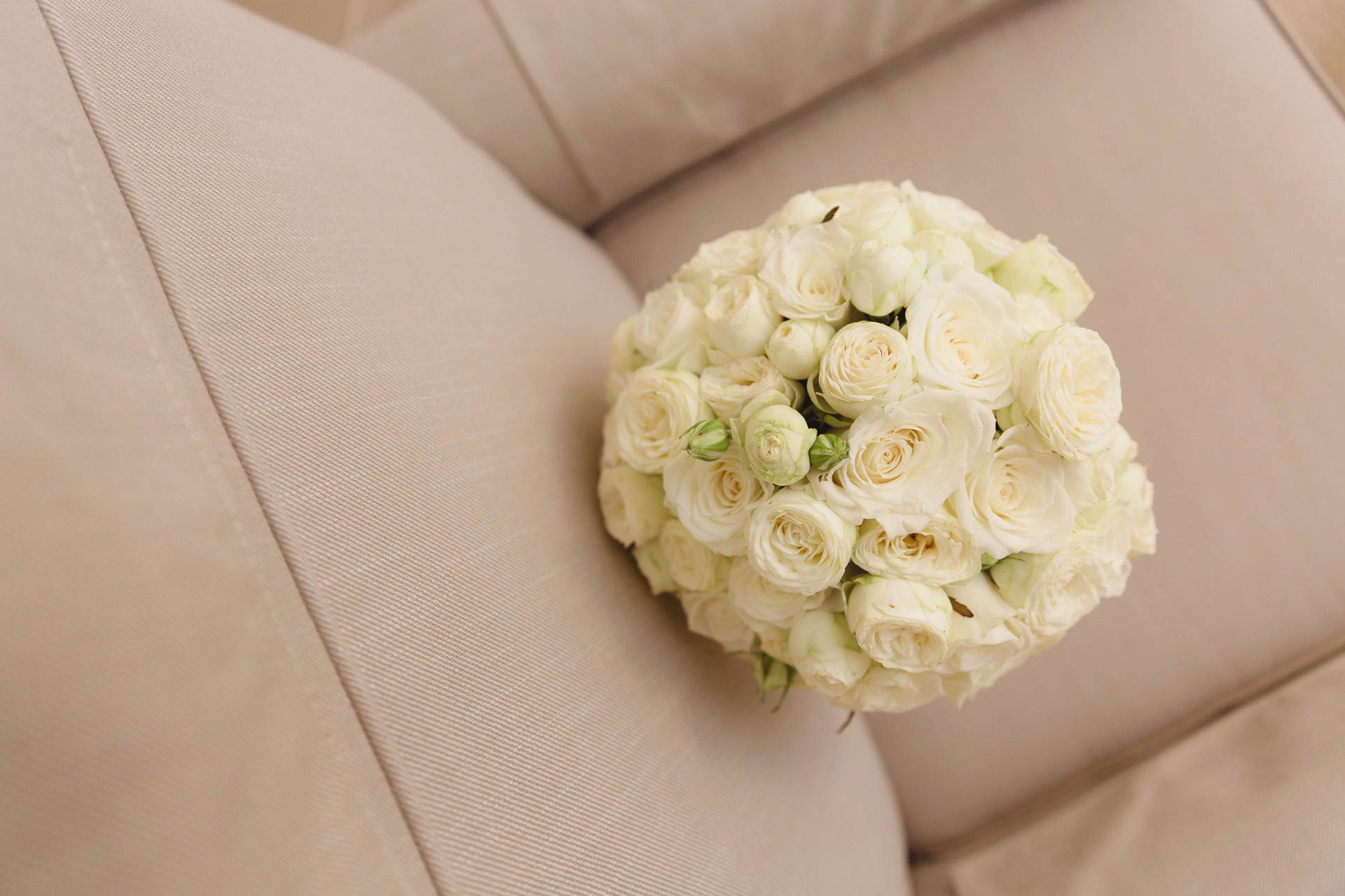 Il bouquet di rose bianche sul divano