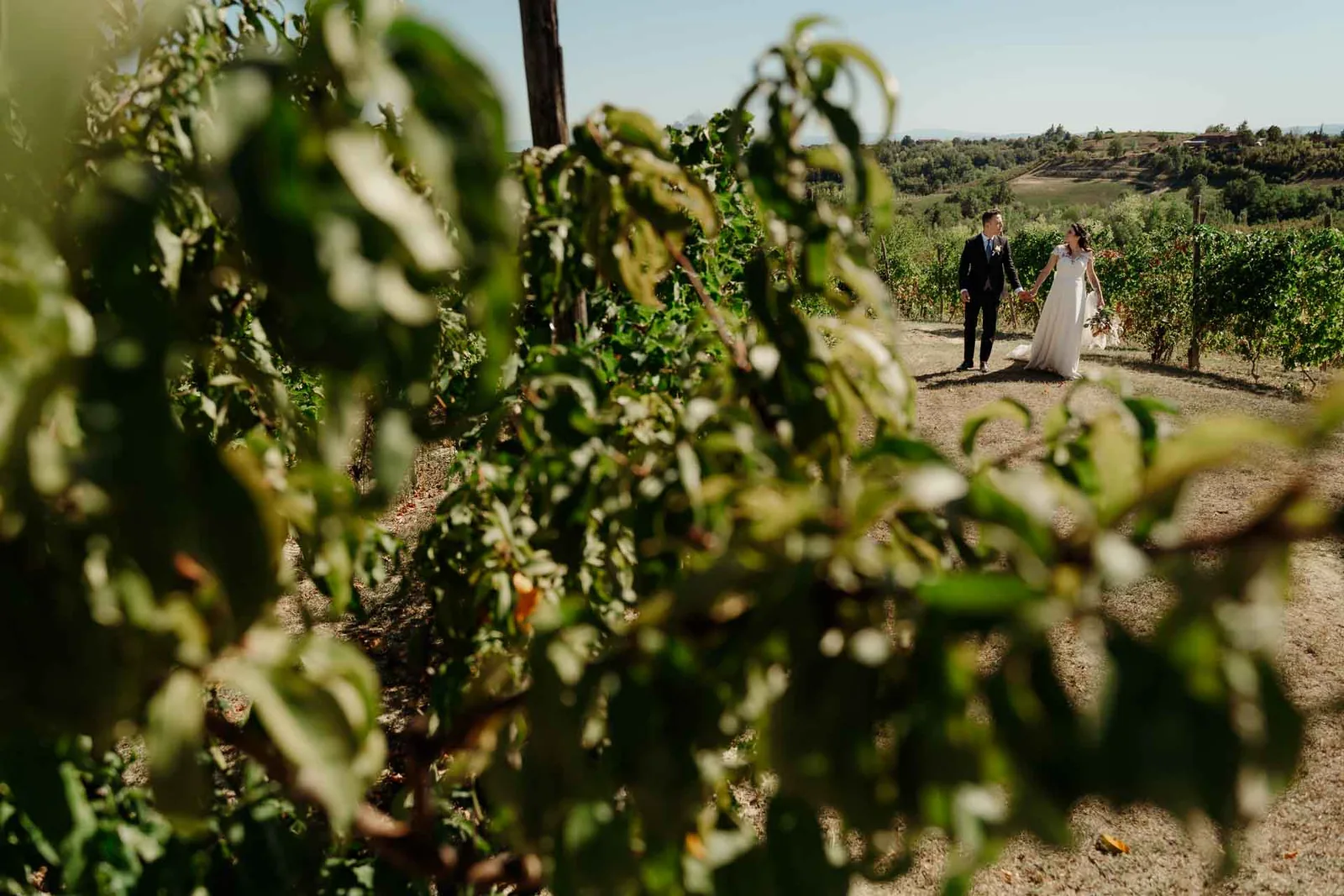 Gli sposi camminano tra i filari della vigna, incorniciati dalle foglie